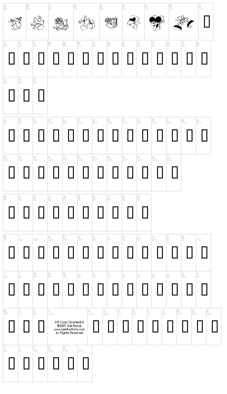 KR Cuori Divertenti 6 font map